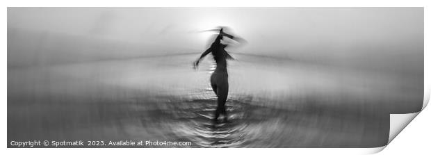 Panoramic ocean sunset with dancing girl motion blur Print by Spotmatik 