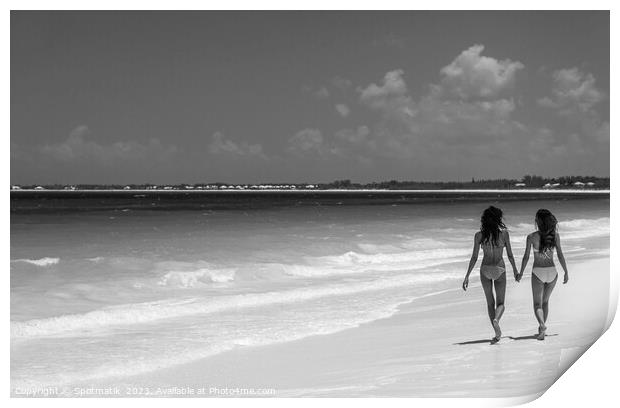 Tropical beach resort with girls walking by ocean Print by Spotmatik 