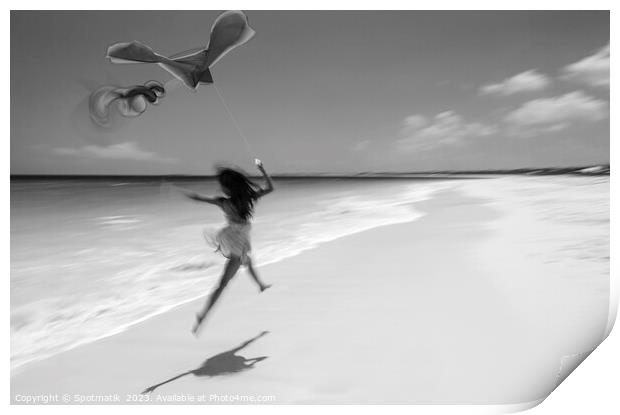 Motion blurred woman jumping on beach flying kite Print by Spotmatik 