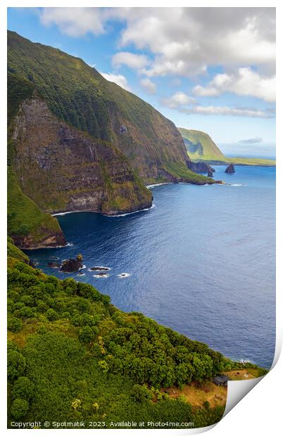 Aerial remote wild volcanic coastline of Molokai USA Print by Spotmatik 