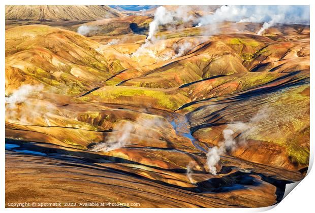Aerial natural steam rising from steam fissures Landmannalaugar  Print by Spotmatik 