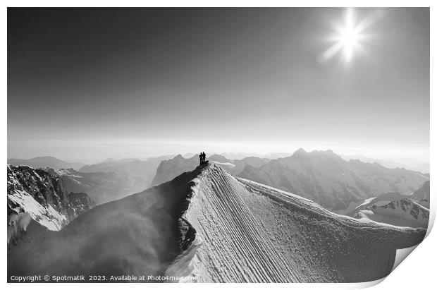 Aerial Switzerland mountaineers on snow covered Peak Europe Print by Spotmatik 