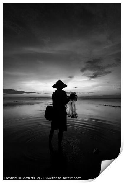 Balinese male fishing at sunrise Flores sea coastline  Print by Spotmatik 