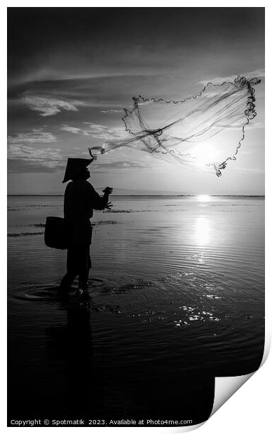 Indian ocean Balinese fisherman at sunrise fishing Indonesia Print by Spotmatik 