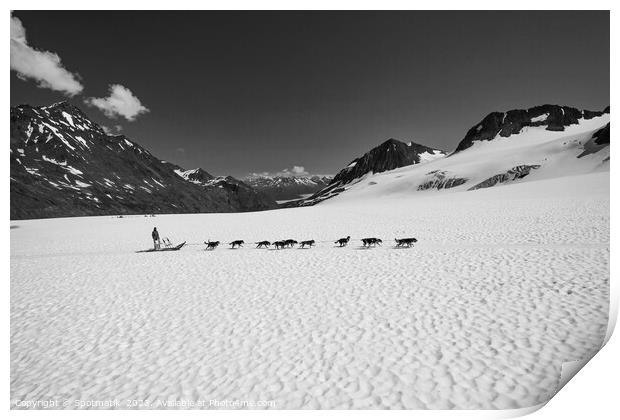 Aerial view husky dog team mountain plateau America Print by Spotmatik 