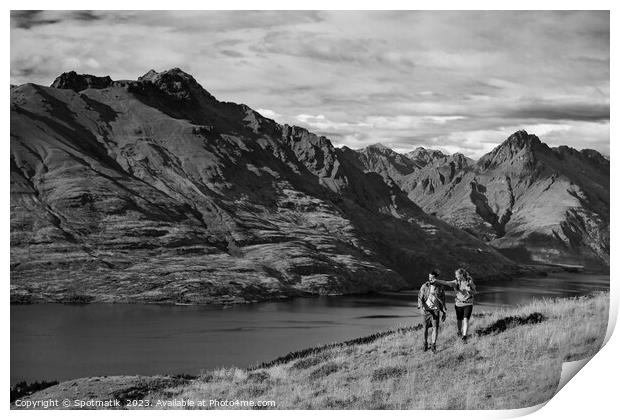 Hikers on trekking expedition enjoying view Lake Wakatipu  Print by Spotmatik 