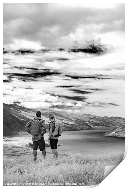 New Zealand Male female hikers trekking The Remarkables Print by Spotmatik 
