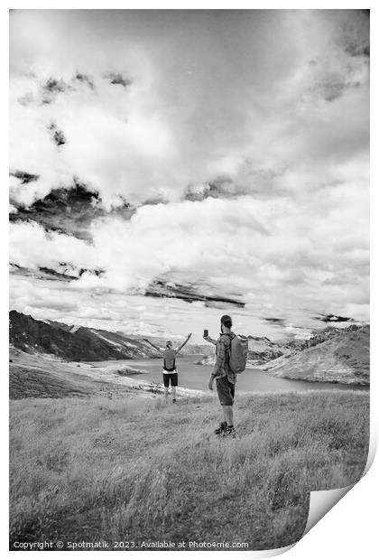 Young male taking picture of female friend Queenstown Print by Spotmatik 