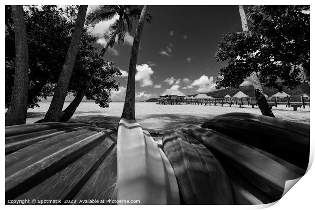 Bora Bora canoes Overwater Bungalows luxury resort Polynesia Print by Spotmatik 