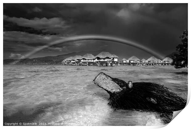 Rainbow over Bora Bora Island Hotel Overwater bungalows  Print by Spotmatik 