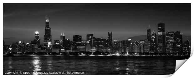Panorama of Chicago city skyscrapers illuminated at dusk Print by Spotmatik 
