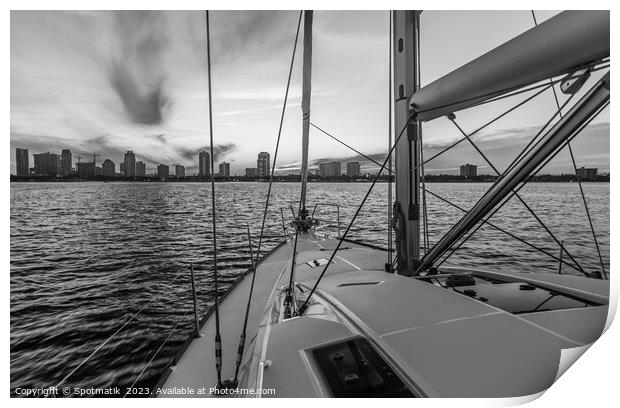 Cityscape view from luxury yacht with beautiful sunrise Print by Spotmatik 