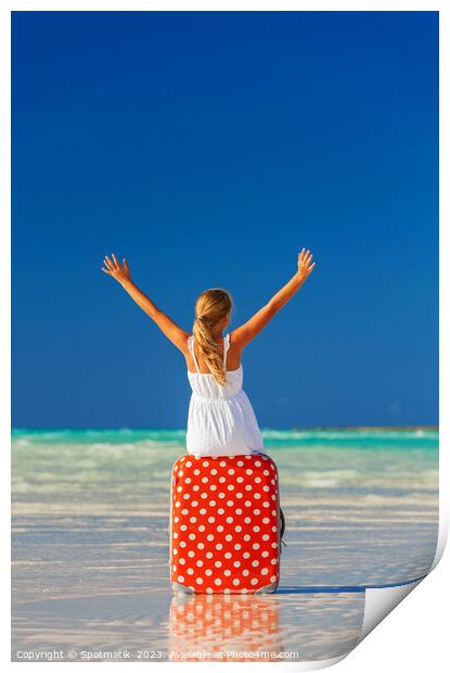 Blonde female teenager on beach sitting on suitcase Print by Spotmatik 