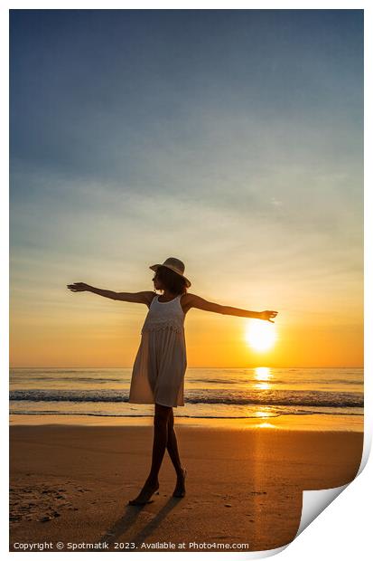 African American woman dancing on beach at sunset Print by Spotmatik 