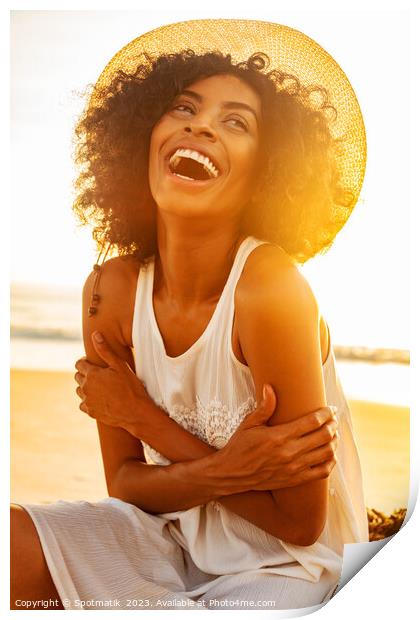 Laughing Afro American female wearing hat on beach Print by Spotmatik 