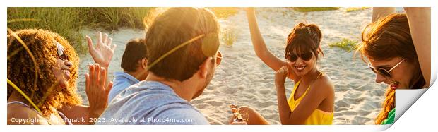 Panoramic view friends enjoying guitar music on beach Print by Spotmatik 