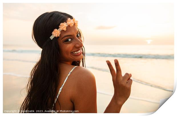Happy Indian girl enjoying freedom outdoors on beach Print by Spotmatik 
