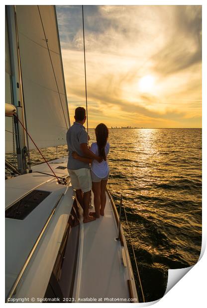 Sunset view for Latin American couple on yacht Print by Spotmatik 