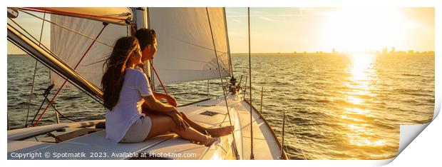 Panorama of young Hispanic couple at leisure on luxury yacht Print by Spotmatik 