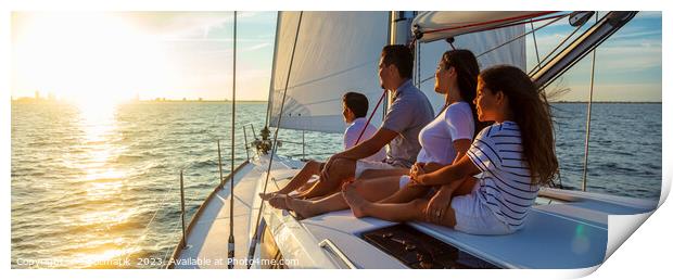 Panorama of Latin American family on sailing vacation at sunset Print by Spotmatik 