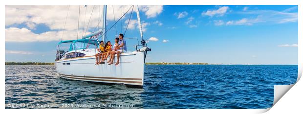 Panoramic Latin American family sailing yacht on luxury vacation Print by Spotmatik 