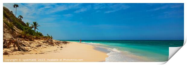 Panoramic beach view with seniors on romantic vacation Print by Spotmatik 