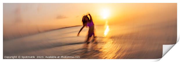 Panoramic ocean sunset with dancing female motion blur Print by Spotmatik 