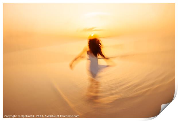 Motion blurred Asian girl dancing in ocean sunrise Print by Spotmatik 