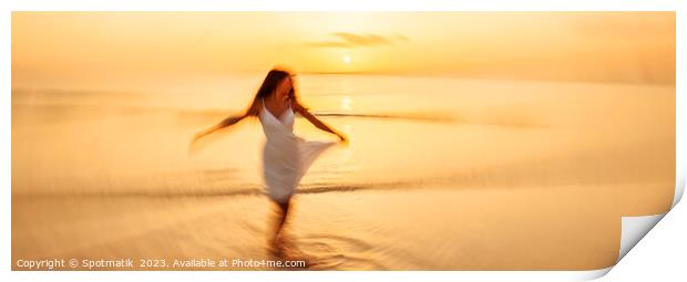 Panoramic motion blurred ocean sunset with dancing girl Print by Spotmatik 