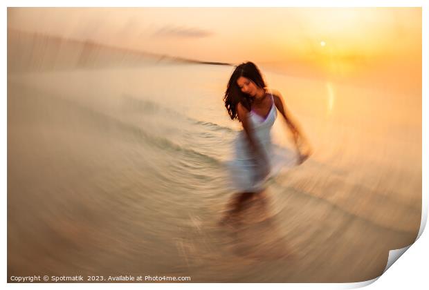 Motion blurred dancing Asian girl in ocean sunset Print by Spotmatik 