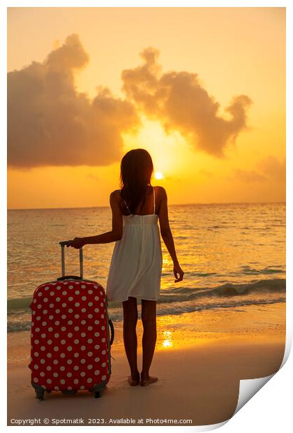 Young woman with suitcase enjoying tropical ocean sunrise Print by Spotmatik 