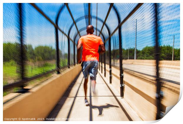 Solo African American man running through covered walkway Print by Spotmatik 