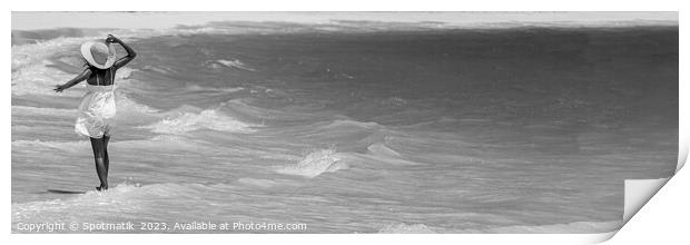 Panoramic happy girl walking through waves on beach Print by Spotmatik 