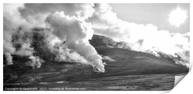 Aerial panorama hot steam gases geothermal activity  Print by Spotmatik 