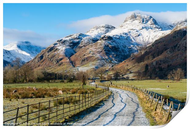 Langdale pikes in winter Lake District National Park Print by Julian Carnell