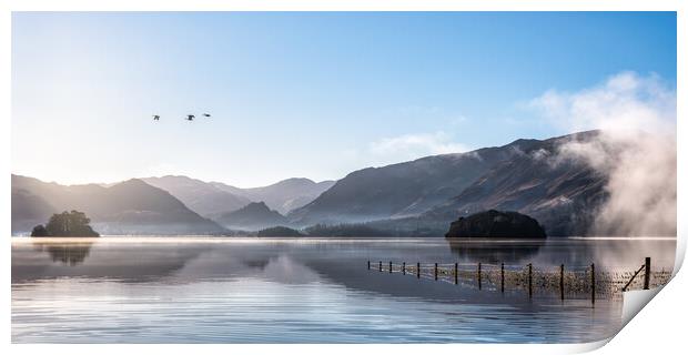 Derwent Water in Winter with geese flying over head Print by Julian Carnell