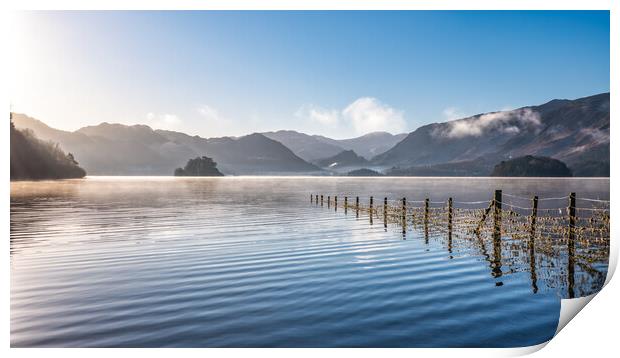 Derwent Water in Winter misty sky and sunrays shin Print by Julian Carnell