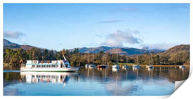 Lake Windermere Miss Westmoreland with sailing boats and fells in the background Print by Julian Carnell