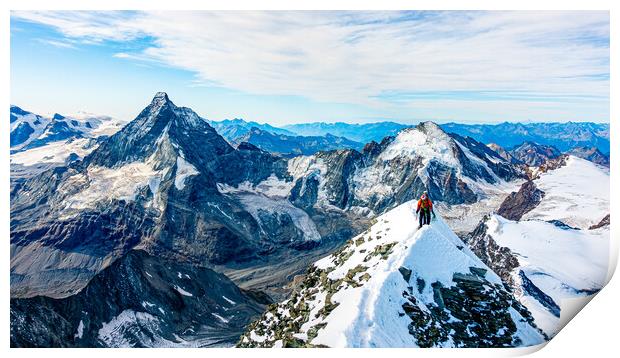 Alpinist on Dent Blanche with Matterhorn in the background Print by Julian Carnell