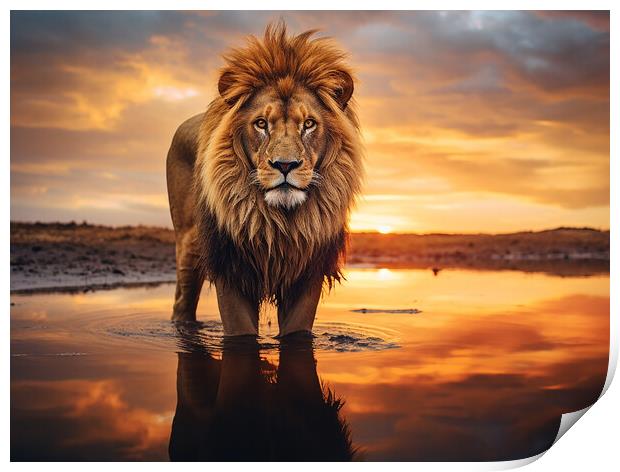 Lion At The Water Hole Print by Steve Smith