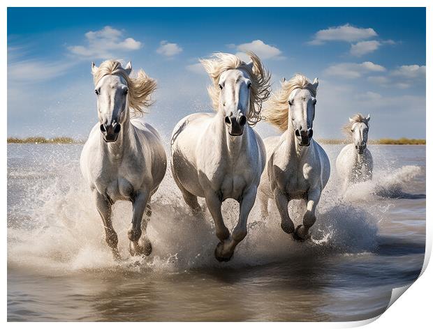 Camargue Horses Running In Water Print by Steve Smith