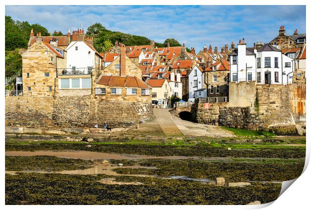 Dog walkers on Robin Hoods Bay beach Print by Tim Hill