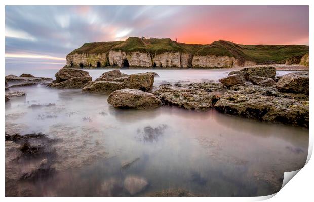 Thornwick Bay Sunrise and Cliff Caves Print by Tim Hill