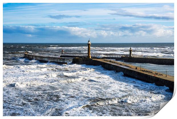 Whitby Pier Waves Yorkshire Coast Print by Tim Hill