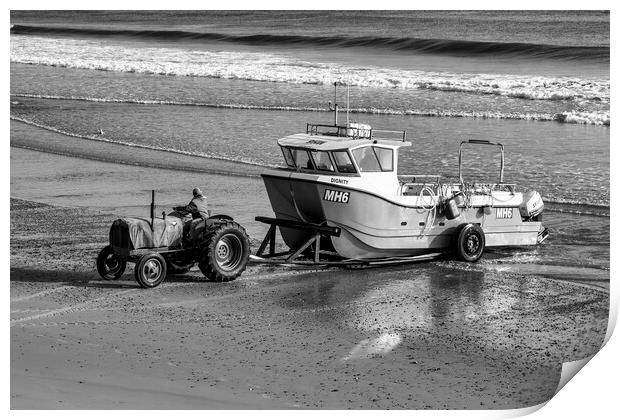Redcar Beach Tractor Black and White Print by Tim Hill