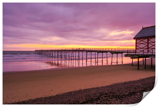 Saltburn beach and pier at Sunrise Print by Tim Hill