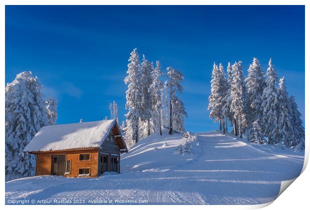 Winter wonderland in the Alps, frozen spruce trees and a cottage Print by Arthur Mustafa