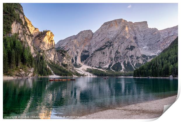 Peaceful alpine lake Braies in Dolomites mountains. Lago di Braies, Italy, Europe. Scenic image of Italian Alps. Print by Lubos Chlubny