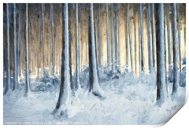 Oil painting snowy trees in the winter forest Print by Lubos Chlubny