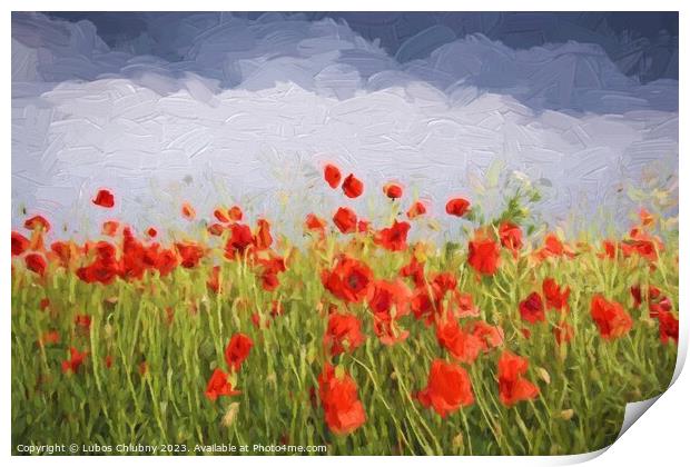 Oil painting summer landscape - field of poppies. Original oil painting on canvas. Print by Lubos Chlubny